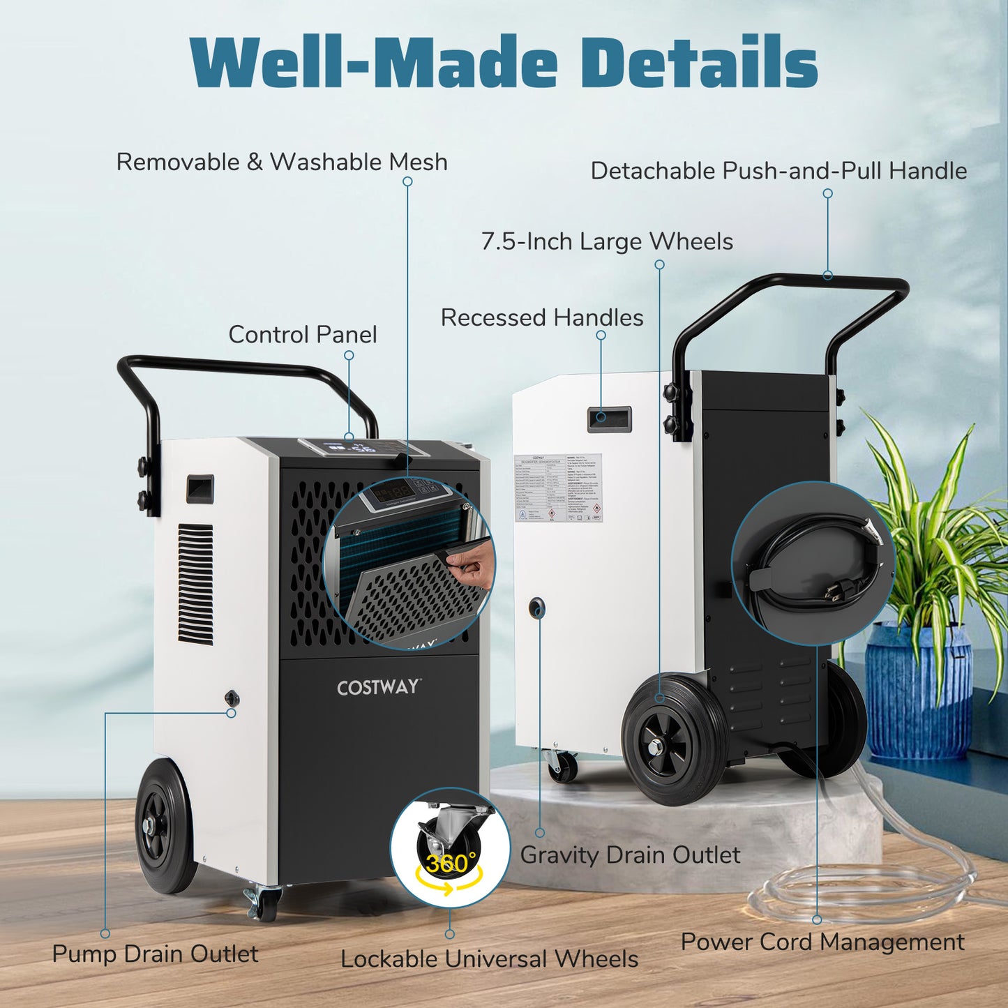 154 Pints Commercial Dehumidifier with Pump and Drain Hoses, White Dehumidifiers at Gallery Canada