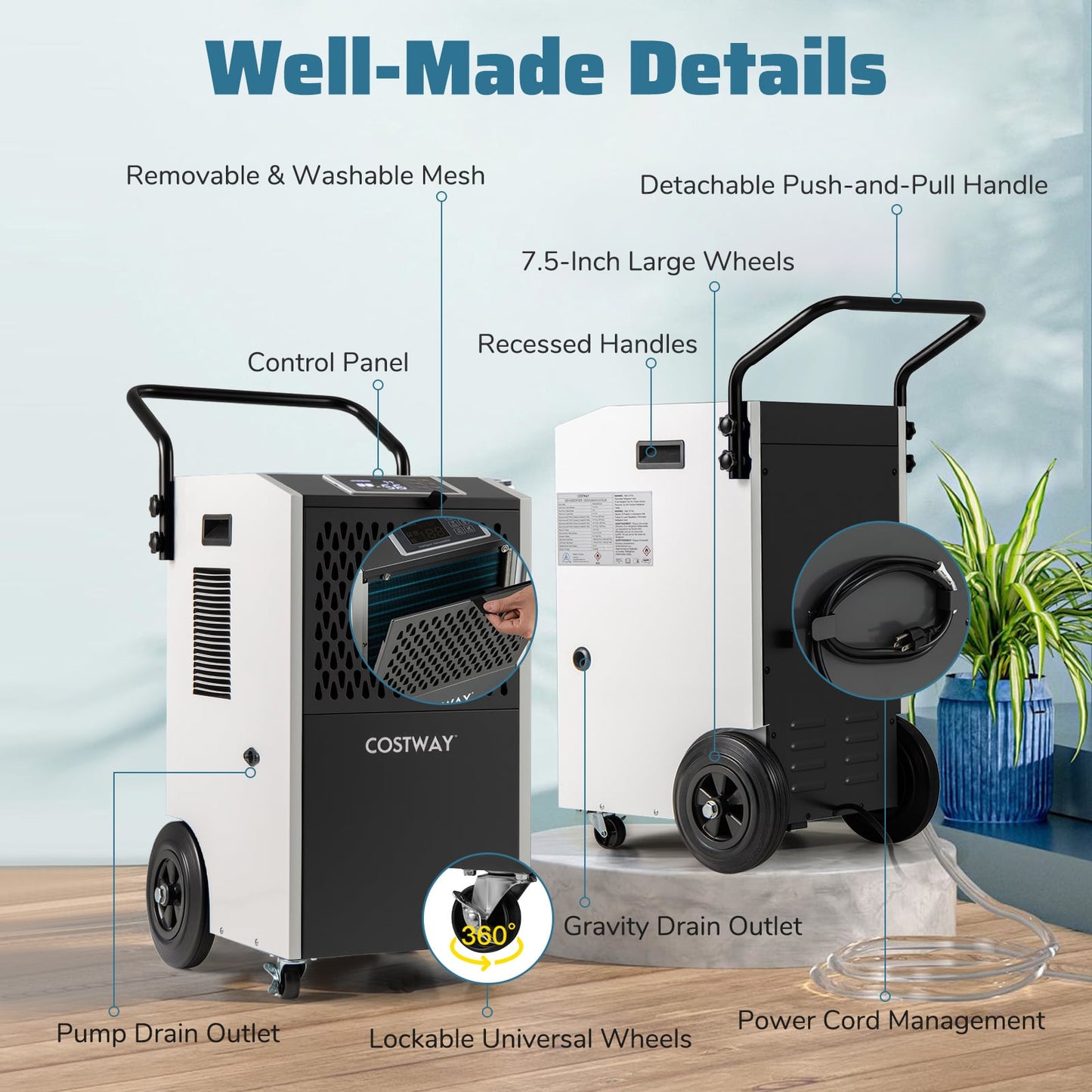 154 Pints Commercial Dehumidifier, With Pump And Drain Hoses, White Dehumidifiers at Gallery Canada