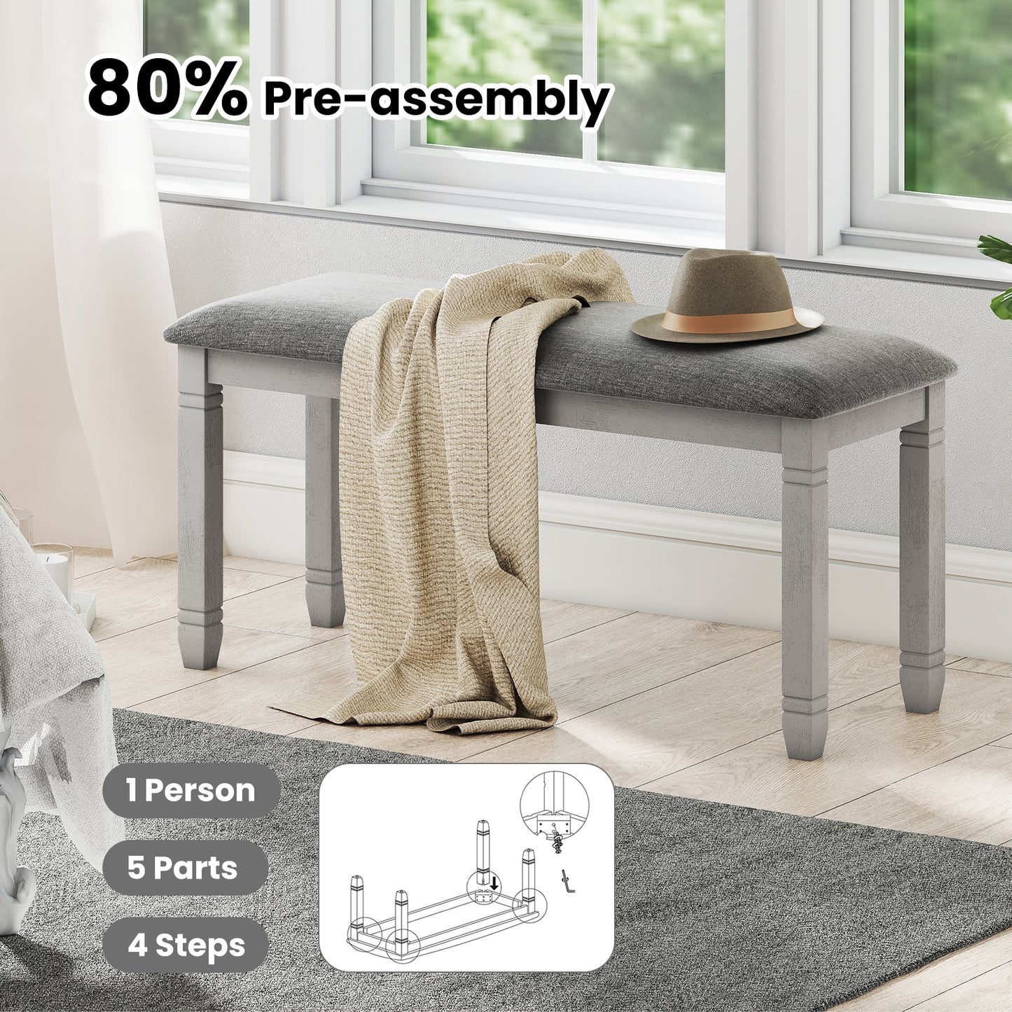 Upholstered Bedroom Bench with Padded Seat and Solid Wood Legs, Gray Shoe Racks & Storage Benches at Gallery Canada