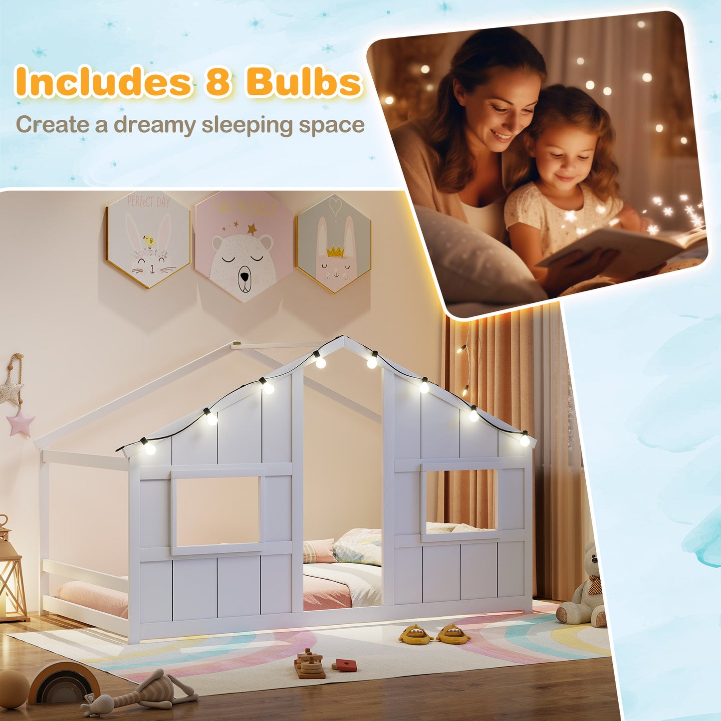 Twin Size House Bed With LED Lights, Montessori Floor Bed, White Toddler Beds at Gallery Canada