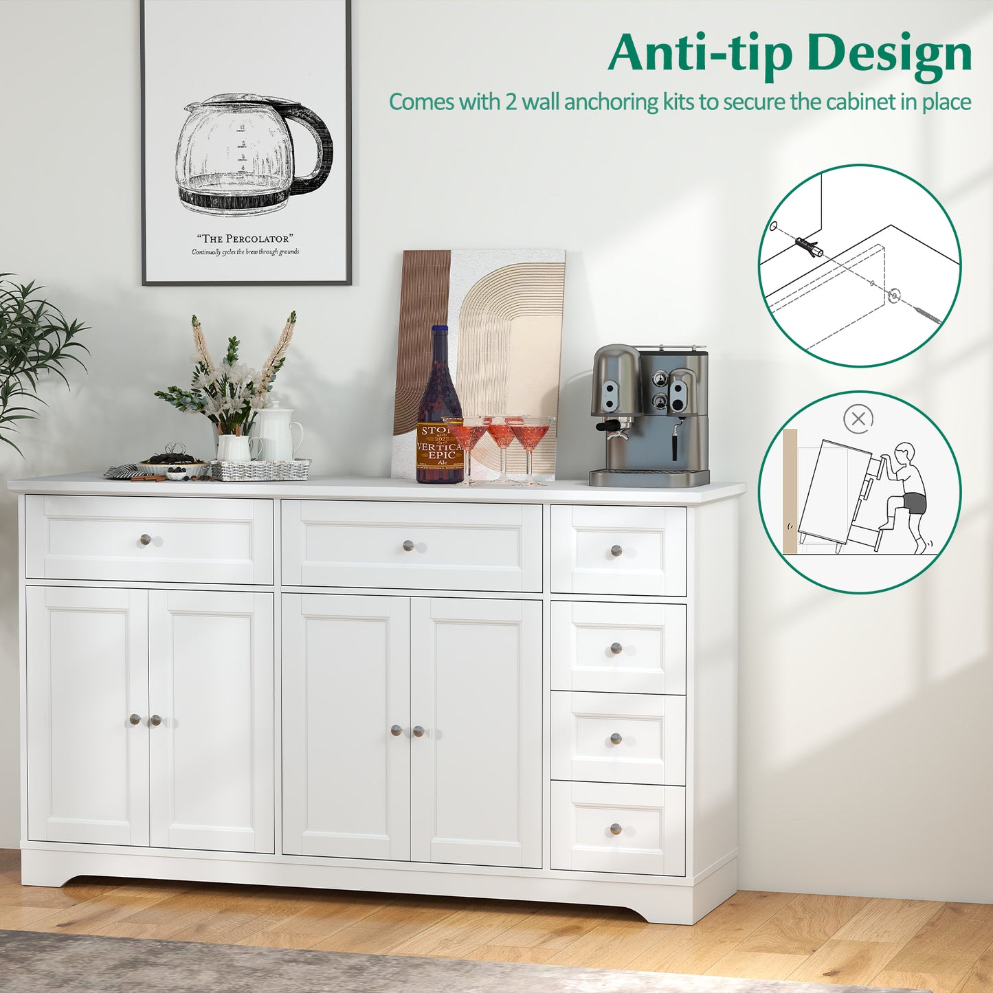 59" Buffet Sideboard, Modern Coffee Bar Console Table, White Console Tables at Gallery Canada