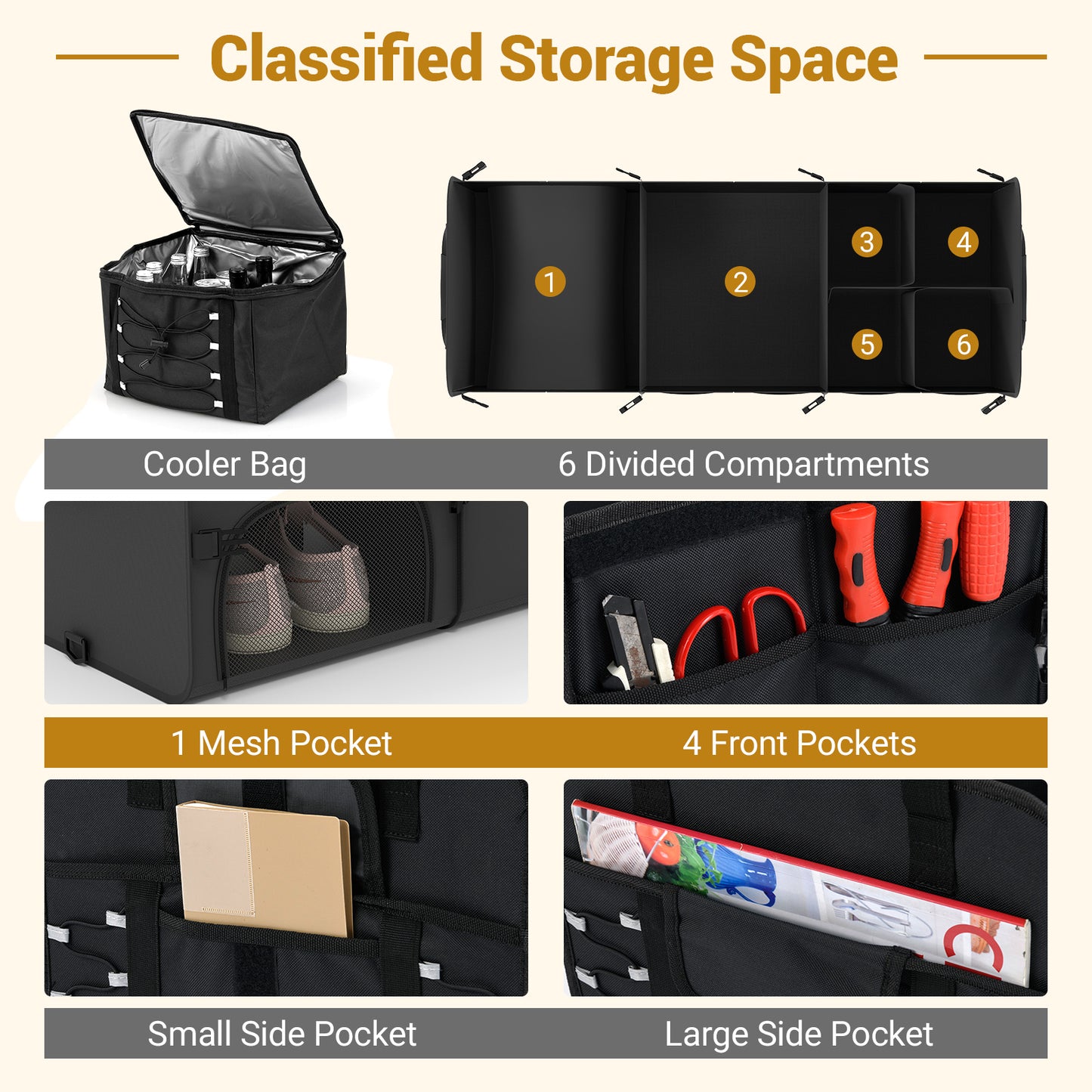 18 Gal Car Trunk Organizer with Lid 3-Compartment Portable Storage Box, Black Garages at Gallery Canada