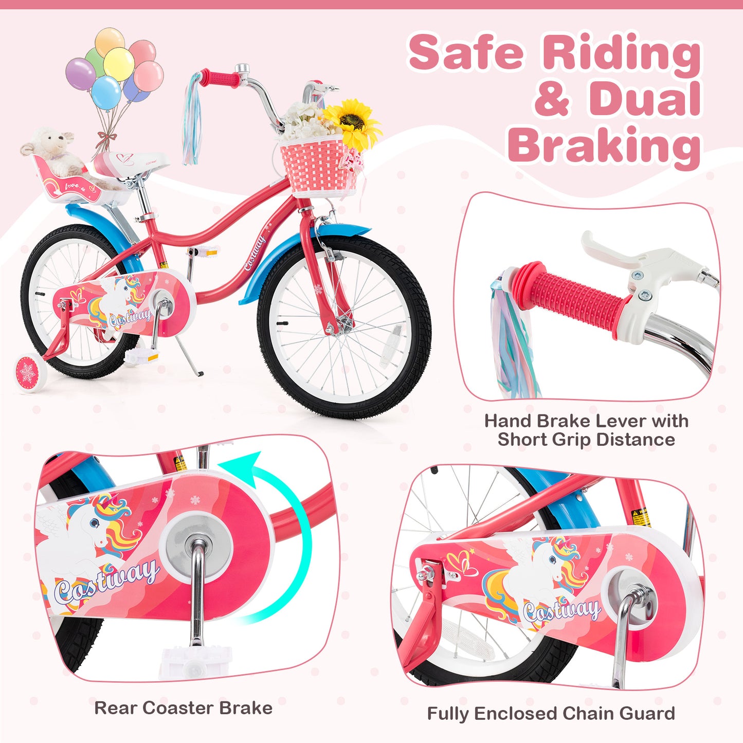 18 Inch Girls Bike, With Doll Seat And Training Wheels, Pink