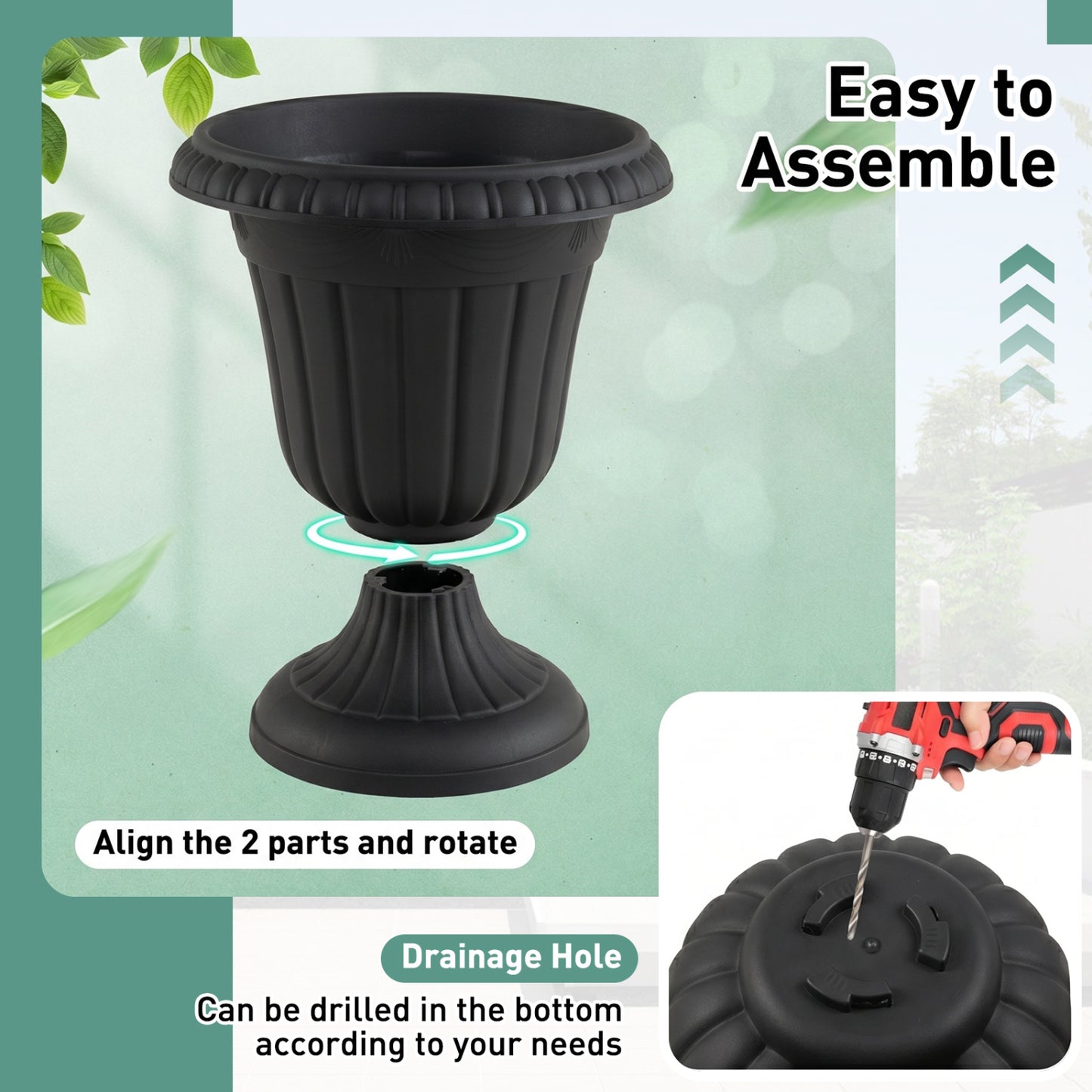 18 inch Tall Vintage Planters Set of 2 with Pedestal Base and Pre-marked Drain Hole, Black