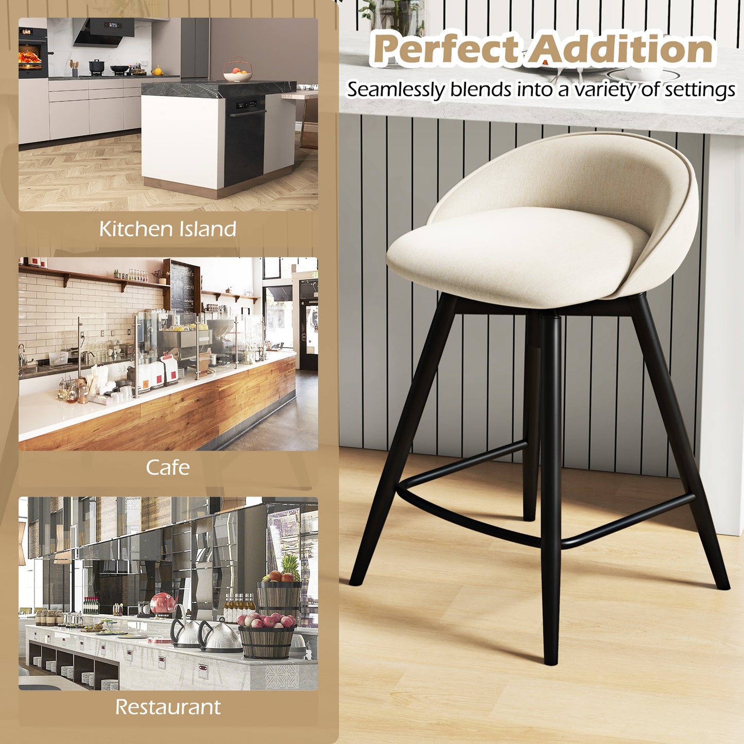 Upholstered Bar Stools Set of 2 with Footrest and Backrest, Beige Bar Stools at Gallery Canada