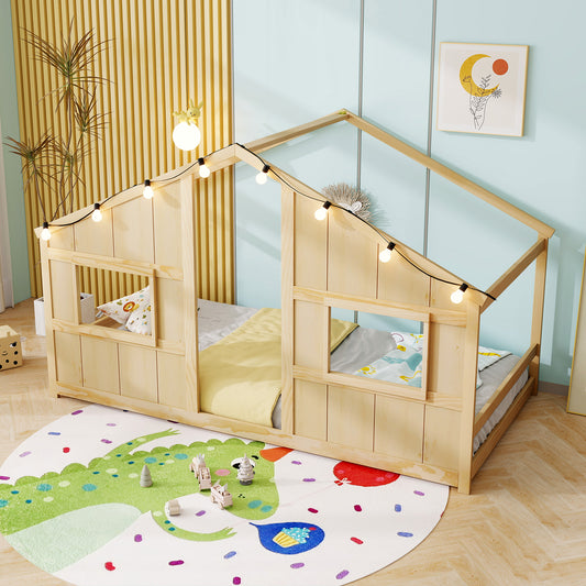 Twin Size House Bed With LED Lights, Montessori Slat-Free Floor Bed, Natural Toddler Beds Natural at Gallery Canada