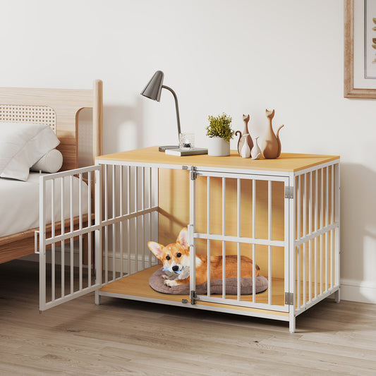 40 Inch Dog Crate Furniture Dog Kennel with Dual Lockable Double Doors, Natural Dog Kennels Natural at Gallery Canada