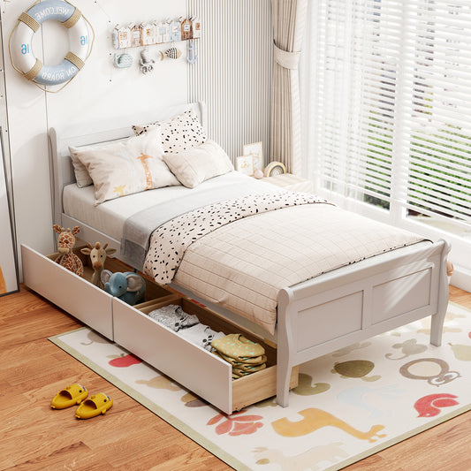 Twin Size Sleigh Bed, 2 Storage Drawers, Wood Platform Frame, White Simple Bed Frame White at Gallery Canada