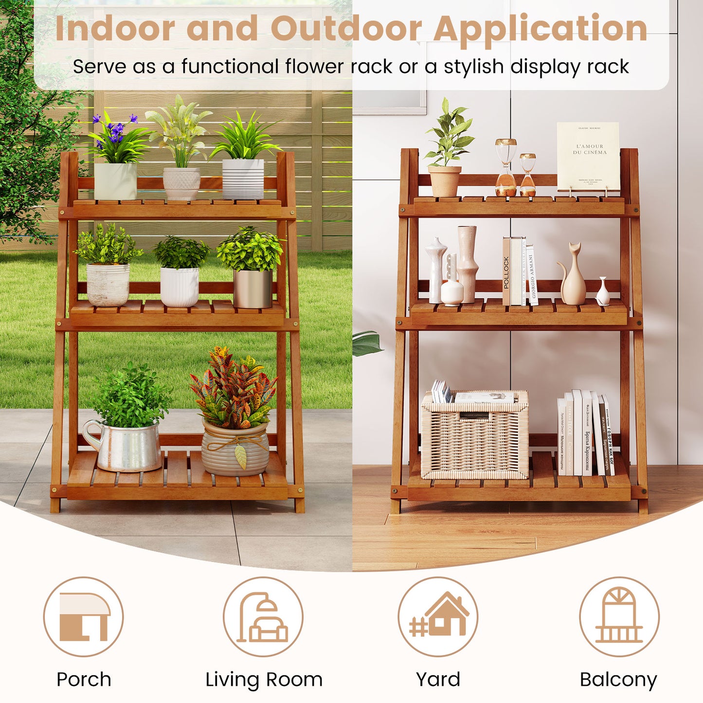 Foldable 3-Tier Solid Wood Plant Stand, Natural Plant Stands at Gallery Canada