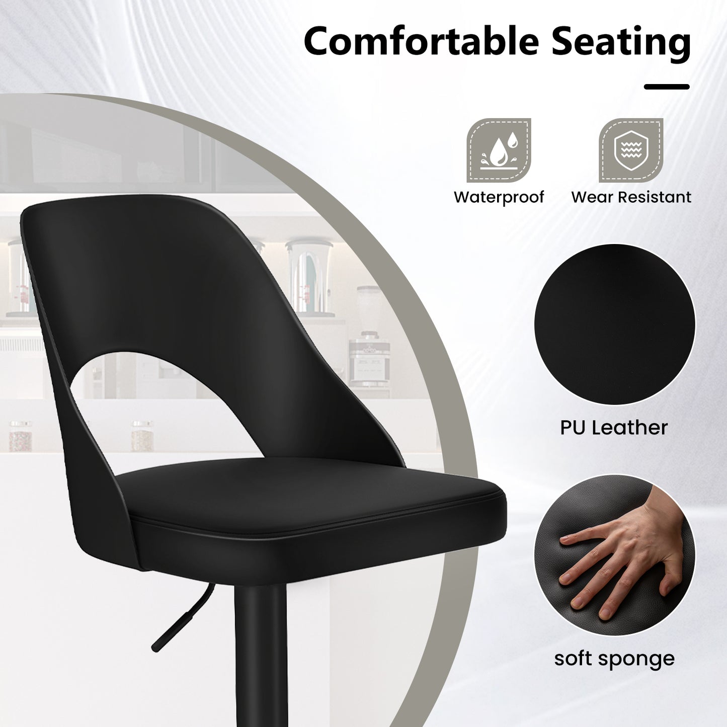 Bar Stools Set Of 2, Enlarged PU Leather Seat With Footrest, Black Bar Stools at Gallery Canada