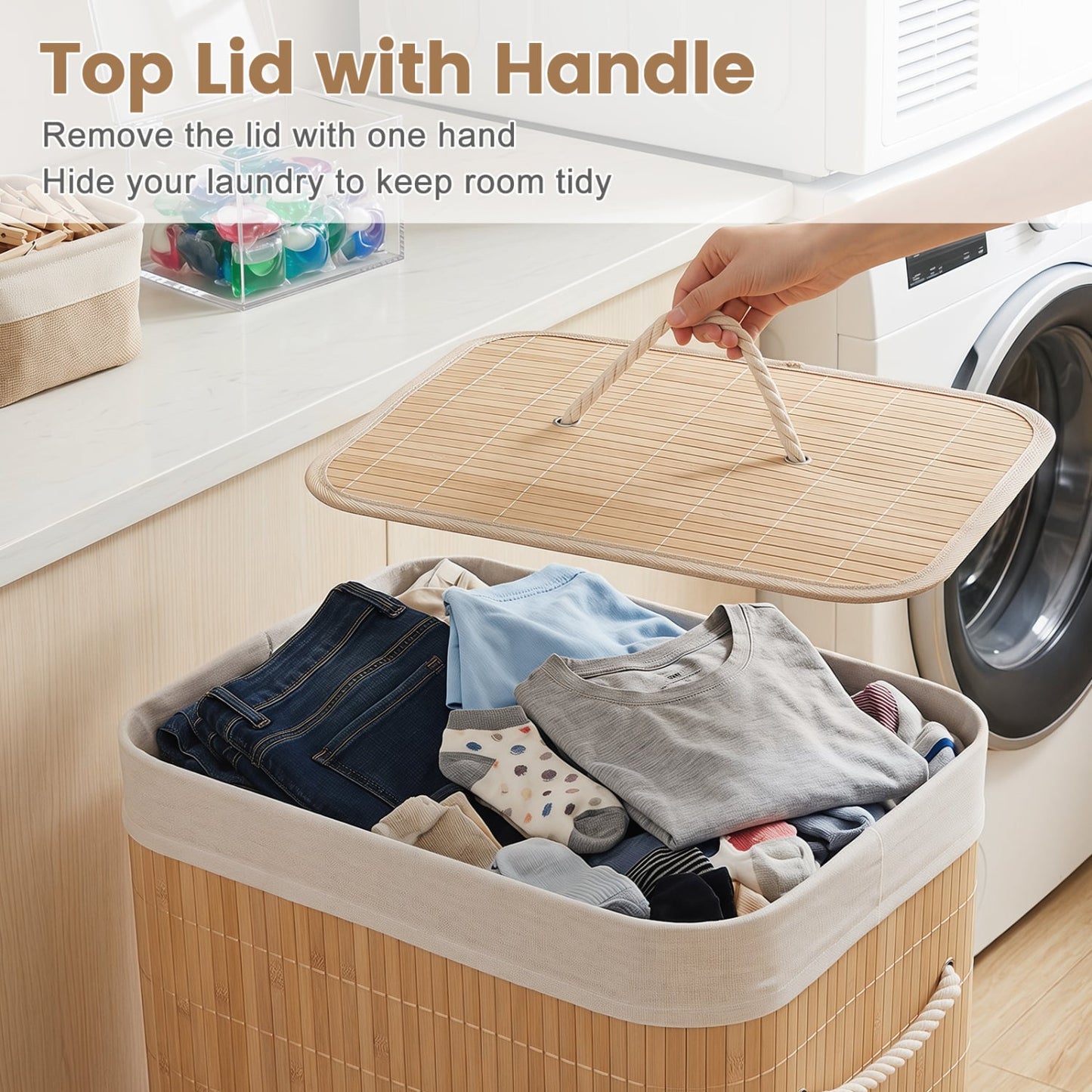 19 Gal Bamboo Clothes Hamper with Removable Liner and Portable Handles-Natrual, Natural