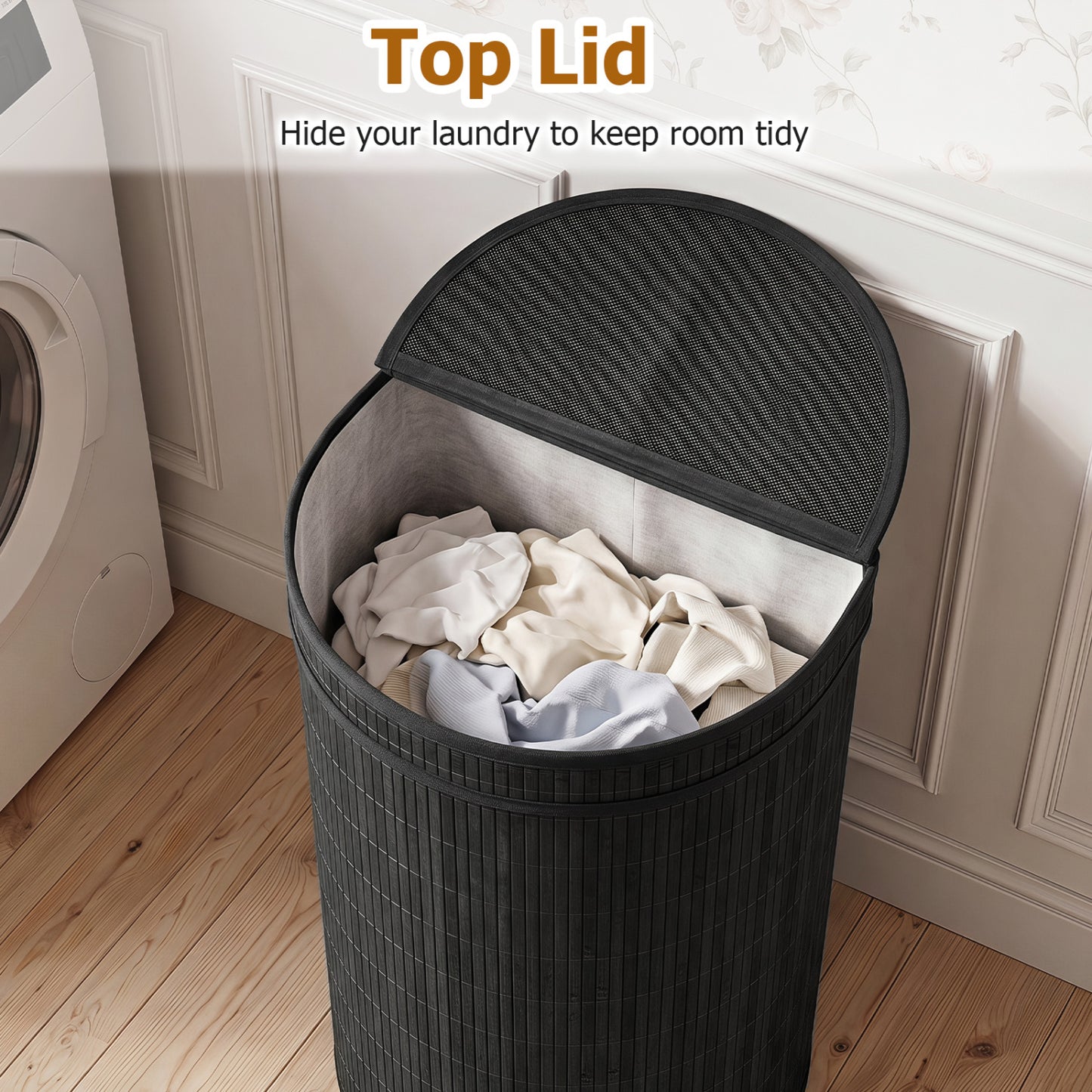 19 Gal Bamboo Laundry Hamper With Zippered Lid, Black