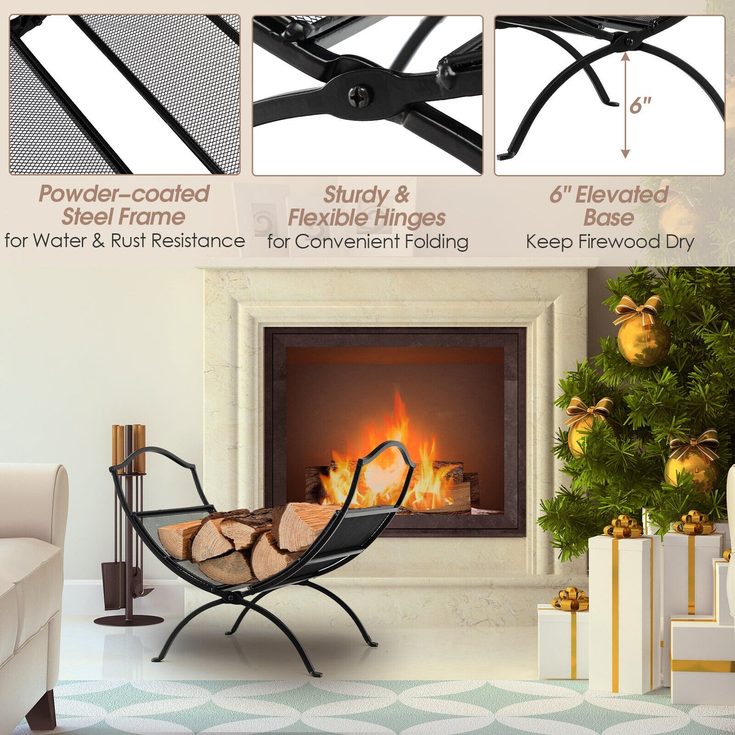 19 Inch Folding Fireplace Log Rack with Convenient Handle, Black Log Storage at Gallery Canada