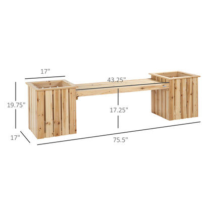 Outdoor Wooden Garden Stool Bench with 2 Planters, Natural Wood
