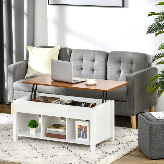 Table basse à plateau relevable, rangement caché, 3 étagères, blanc et marron