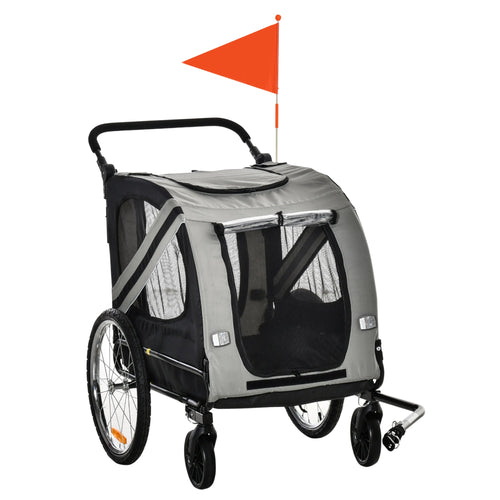 Dog Bike Trailer, 2-in-1 Dog Wagon Pet Stroller for Travel with Universal Wheel Reflectors Flag, for Small and Medium Dogs, Grey
