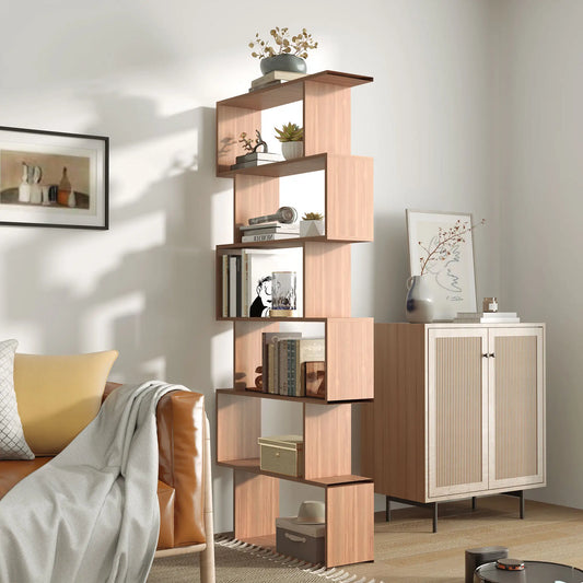 76" 6-Tier Geometric Wooden Bookcase, S Shaped Storage Display, Maple Display Bookshelves Maple Colour at Gallery Canada