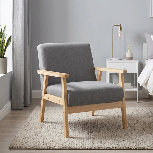 Minimalist Wood Frame Accent Chair, Thick Linen Cushions, Grey Accent Chairs Grey at Gallery Canada