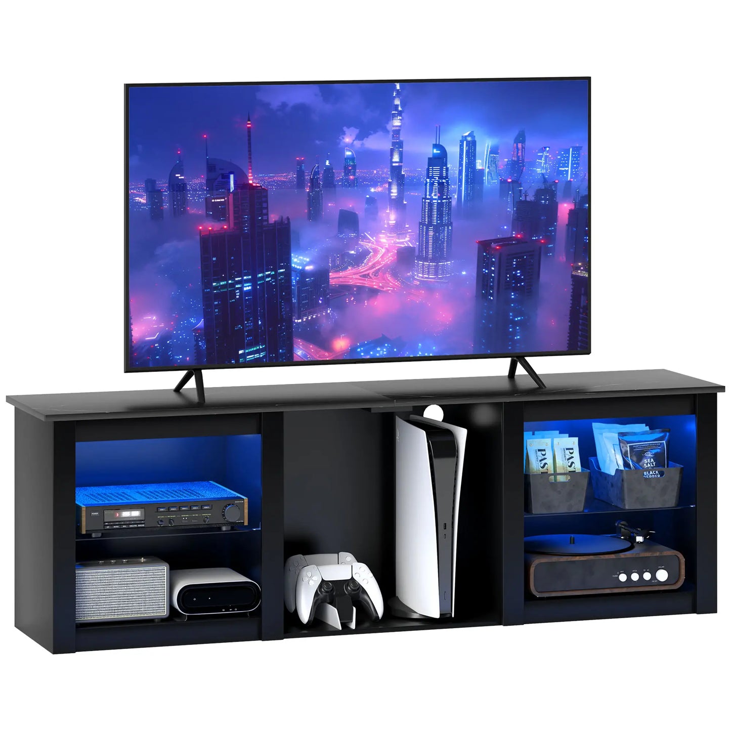 TV Stand With LED Lights, Adjustable Glass Shelves, For 65 Inch TVs, Black TV Stands at Gallery Canada
