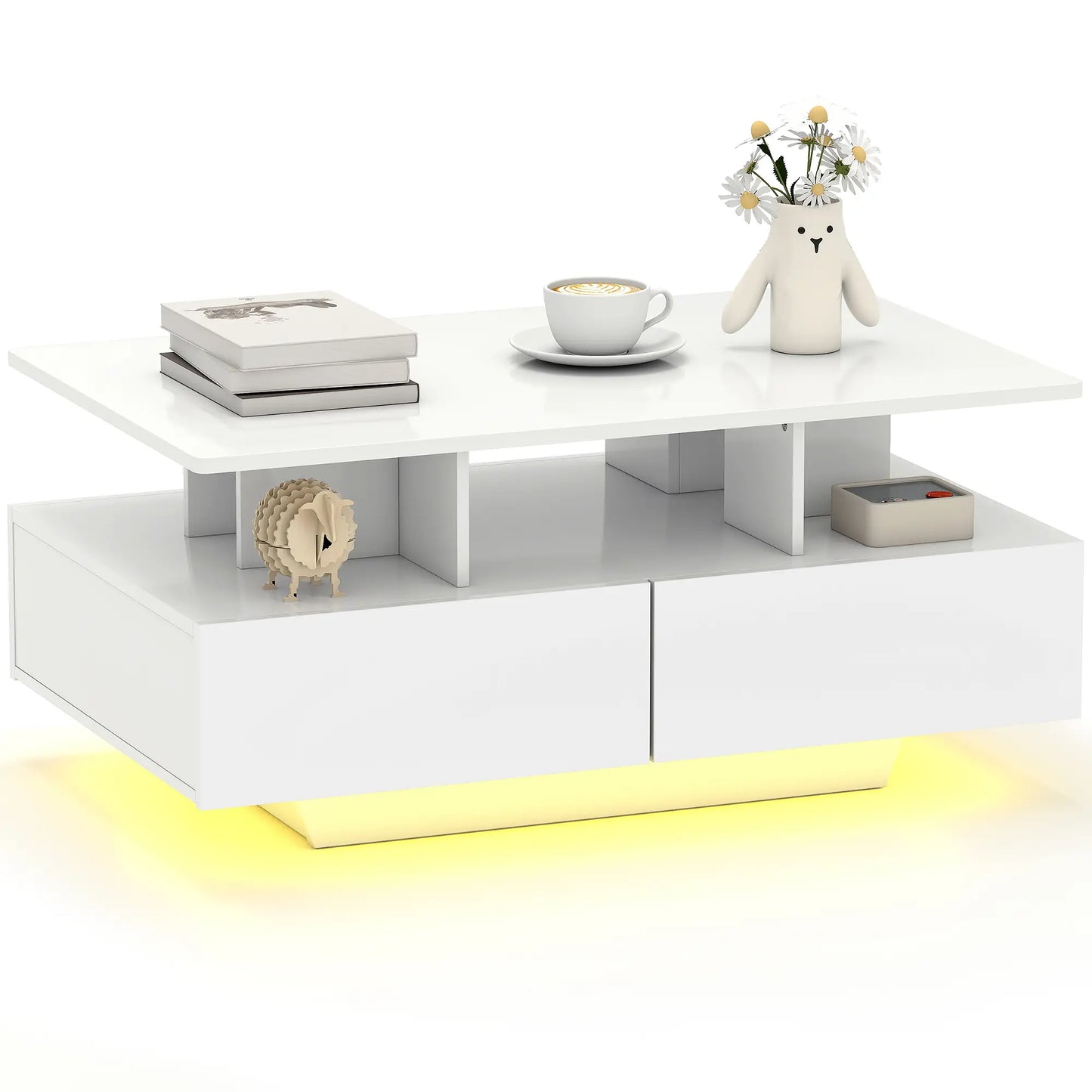 Modern Coffee Table with RGB LED Lights, 4 Drawers, Open Shelf, Remote, High Gloss White, White Coffee Tables at Gallery Canada