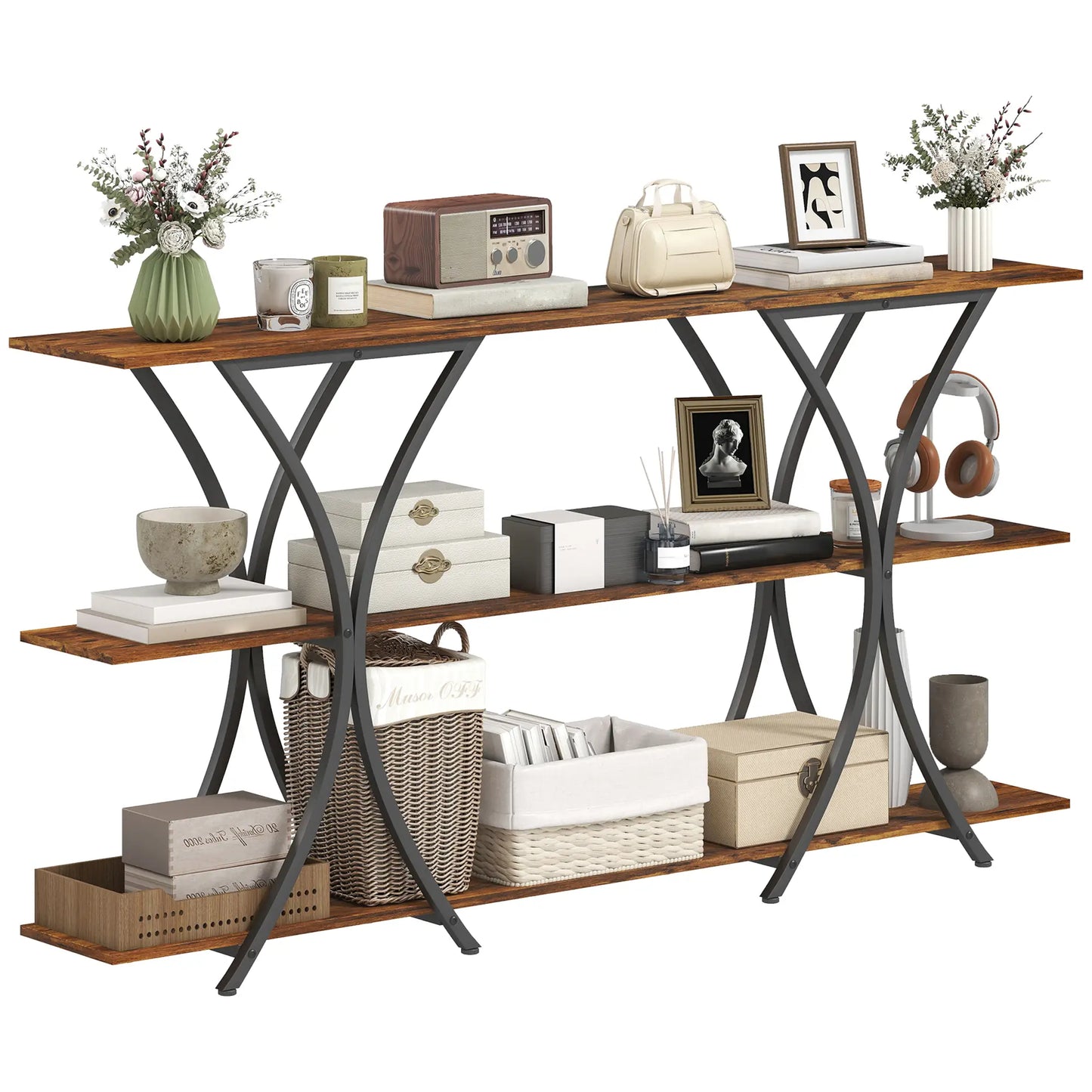 71 Inch Console Table, 3-Tier Industrial with 2 Shelves, Rustic Brown Console Tables at Gallery Canada
