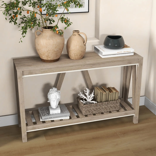 Farmhouse Entryway Table, Rustic Console with Shelf, Distressed, Grey Console Tables Distressed Grey at Gallery Canada