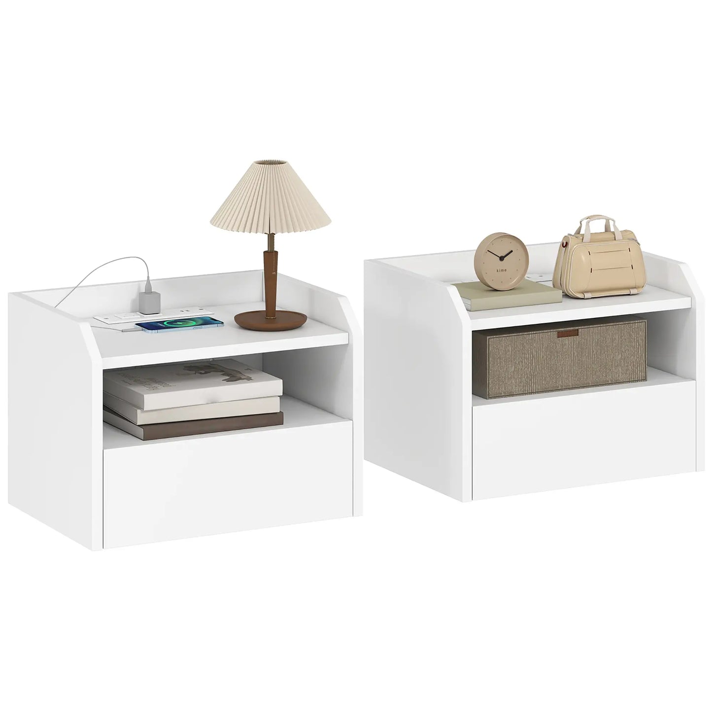 Wall Mounted Bedside Table Set of 2, Charging Station, Drawer, Shelf, White Bedside Tables at Gallery Canada