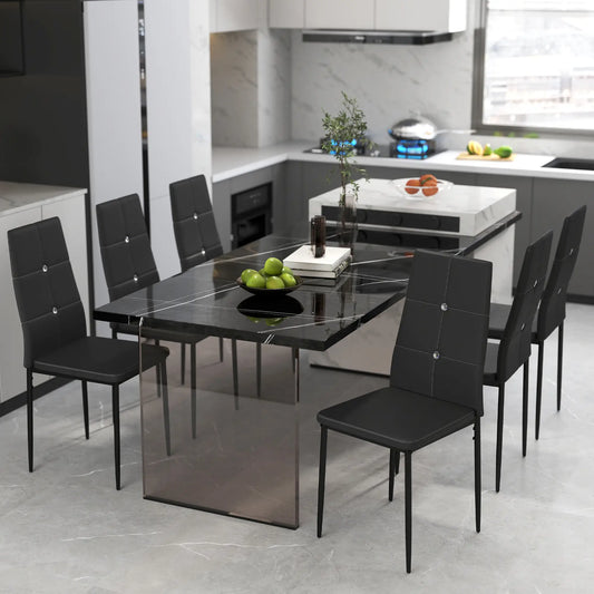 Set of 6 Button Tufted Side Chairs, Upholstered Seat, Steel Legs, Black Dining Chairs Black at Gallery Canada