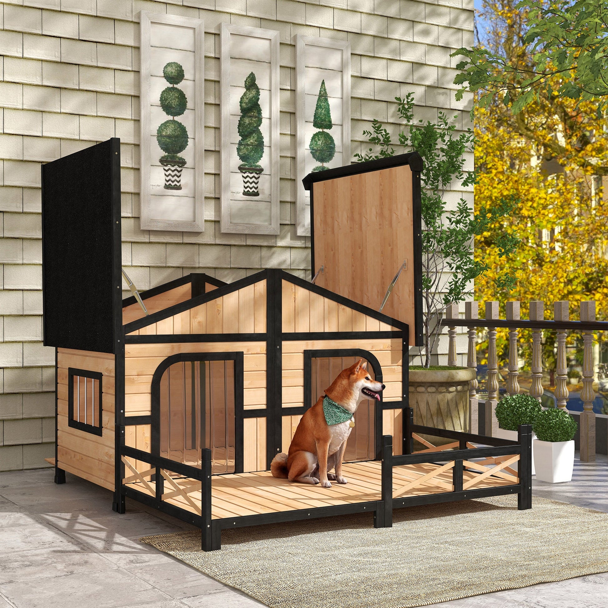 59"x64"x39" Wood Dog House Outdoor Cabin-Style Elevated Pet Shelter with Porch Deck, Beige at Gallery Canada