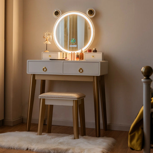 Vanity Set With 3-Color Lighted Mirror, 4 Drawers, White Makeup Vanities White at Gallery Canada