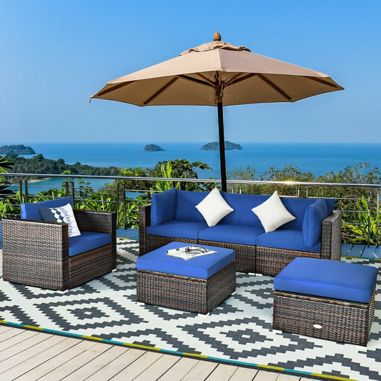 6 Piece Patio Rattan Furniture Set, Sectional Cushion, Blue Outdoor Sectionals Blue at Gallery Canada