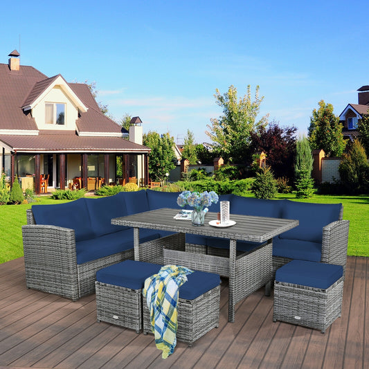 7 Pieces Patio Rattan Dining Furniture Sectional Sofa Set with Wicker Ottoman, Navy Outdoor Sectionals Navy at Gallery Canada