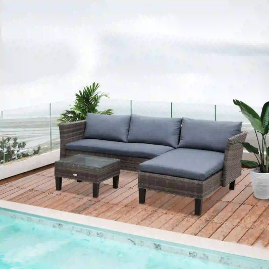 3-Piece Wicker Patio Set, Outdoor Sofa with Glass Table, Grey Patio Furniture Sets Light Grey Rattan, Dark Grey Cushion at Gallery Canada
