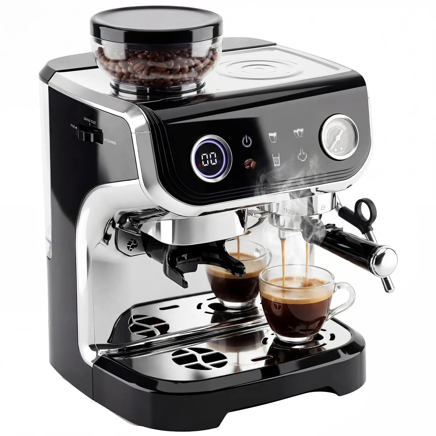 15 Bar Espresso Machine With Grinder & Milk Frother, Stainless Steel, Black Small Kitchen Appliances at Gallery Canada