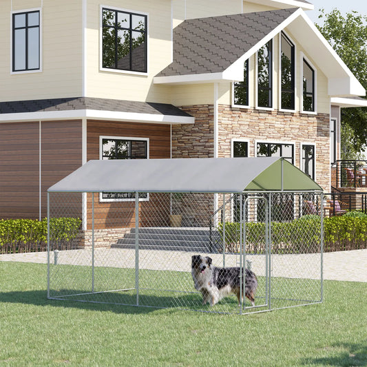 Outdoor Dog Kennel, Heavy Duty Playpen With Cover, 13.1' x 7.5' x 7.5' Houses, Kennels & Pens Silver at Gallery Canada