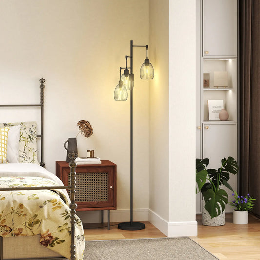Industrial Floor Lamp, 3 Hanging Wire Lampshades, Dimmable, Black Floor Lamps & Ceiling Fan Lights Black at Gallery Canada