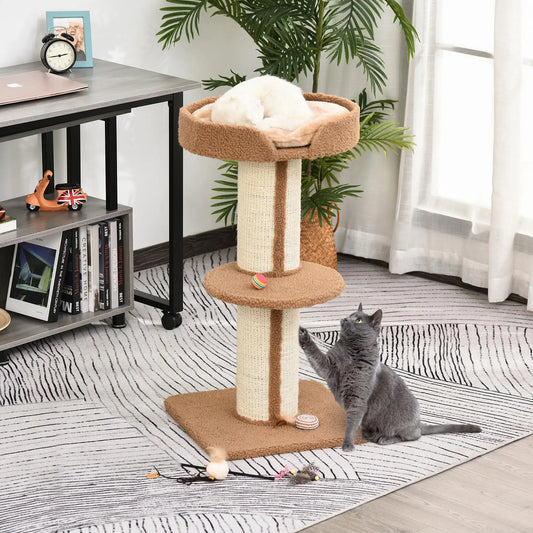 Cat Tree with Scratching Post, Bed, Cushion, Perch, 18" x 18" x 36", Brown