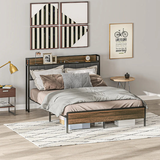 Full Size Bed Frame with Charging Station, Upholstered Headboard, Storage Shelf, Walnut Bed Frames Walnut, Black, Grey at Gallery Canada