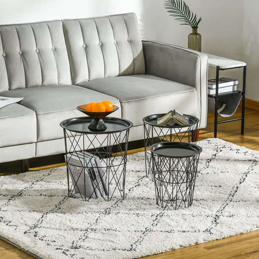 Set of 3 Nesting Coffee Tables with Storage, Round End Table with Removable Tray, Basket Side Tables with Metal Frame for Living Room, Black Side Tables Black at Gallery Canada