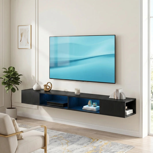 TV Stand with RGB LED Lights, Entertainment Center with Open Shelves for 75 Inch TV, Black Wood Grain TV Stands Black Wood Grain at Gallery Canada