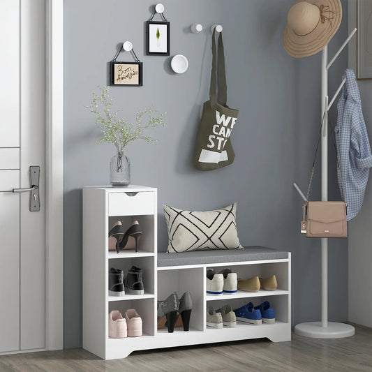 Upholstered Shoe Storage Bench With Seat, Drawer, 6 Shelves, White Shoe Storage Cabinets & Racks White, Grey at Gallery Canada