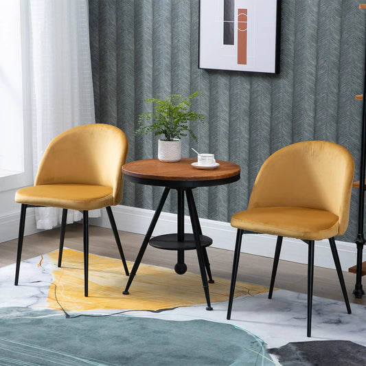 Set of 2 Mid-Back Dining Chairs, Velvet Upholstery, Yellow