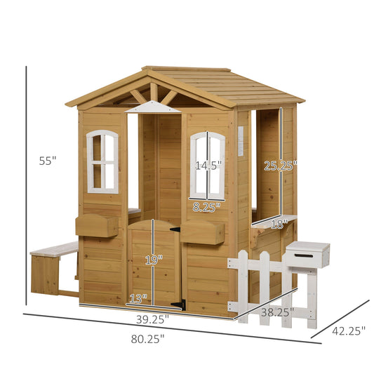 Playhouse for Kids Outdoor with Door Windows Mailbox Flower Pot Holder Serving Station Bench Natural - Gallery Canada