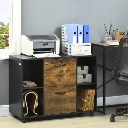 Lateral Filing Cabinet with Wheels, Lockable Drawer, Open Shelves, Rustic Brown Office Cabinets & Cupboards Rustic Brown, Black at Gallery Canada