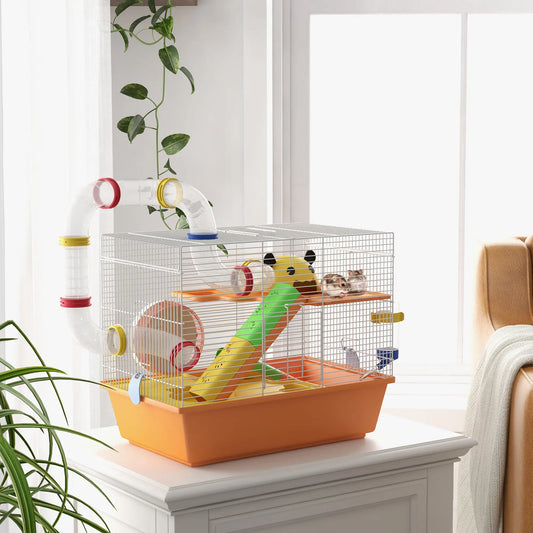 3 Tier Hamster Cage, Tunnels, Water Bottle, Exercise Wheel, 18" x 11" x 15", Orange Hamster Cages White, Orange at Gallery Canada