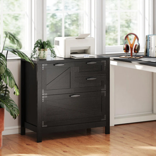 Lateral Filing Cabinet, 4 Drawers, Fits Letter/A4/Legal Files, Black Wood Grain, Black Office Cabinets & Cupboards Black Wood Grain at Gallery Canada
