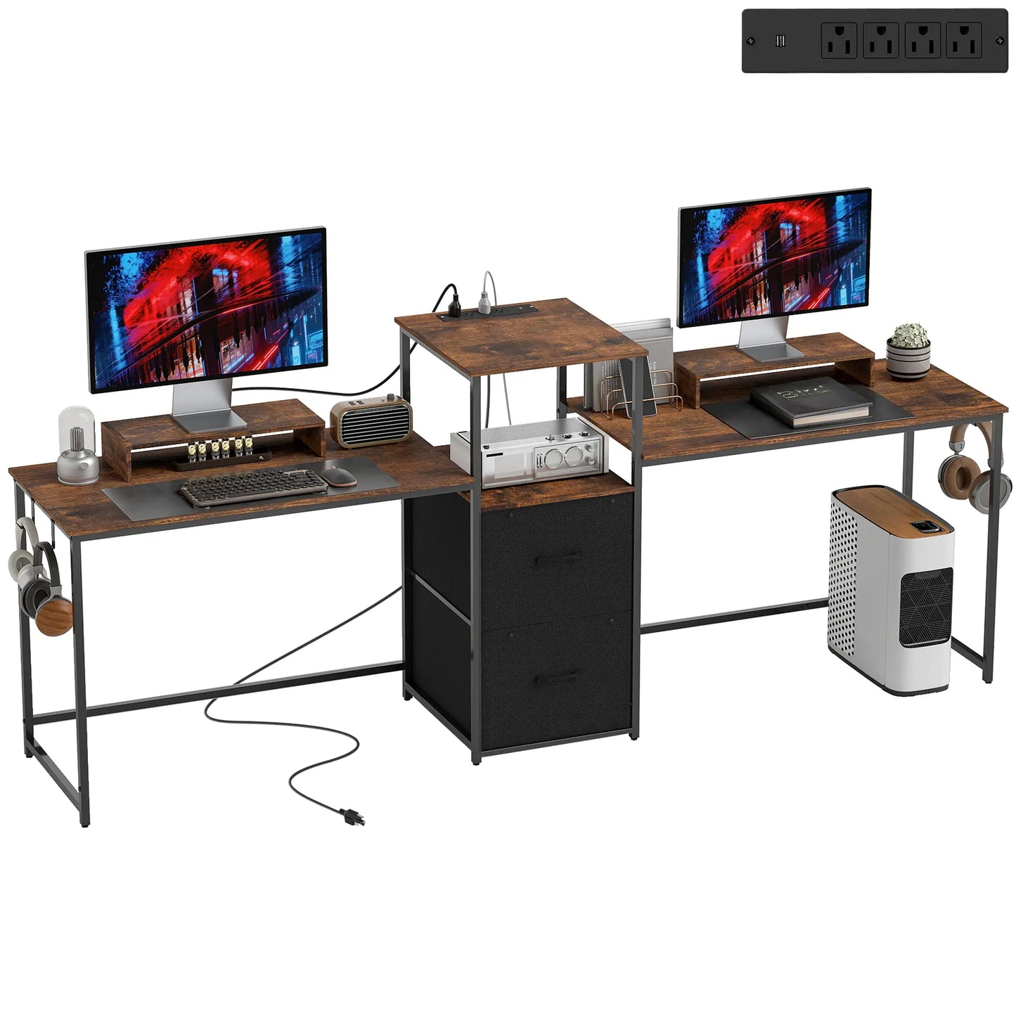 96 Inch Gaming Desk, Dual Computer Desk, Rustic Brown, Brown