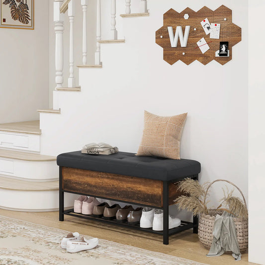 Shoe Storage Bench with Seat, Flip Top, Hidden Space, 4 Pairs Shoe Storage Cabinets & Racks Rustic Brown, Black at Gallery Canada