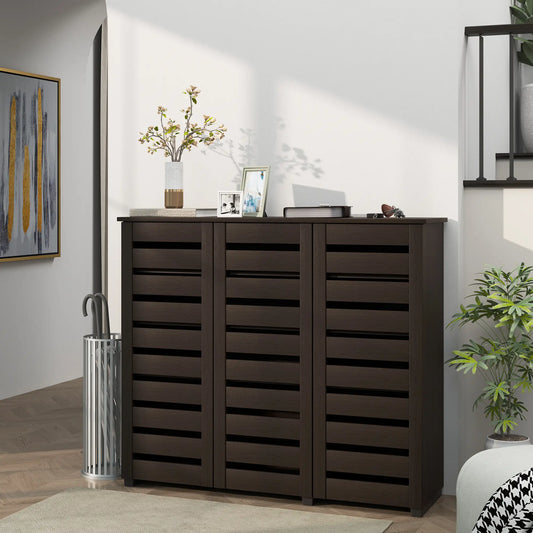 Narrow Shoe Cabinet, Slatted Doors, Adjustable Shelves, 20 Pairs, Dark Brown Shoe Storage Cabinets & Racks Dark Brown at Gallery Canada