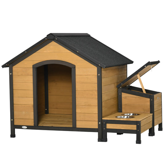 Wooden Dog House Outdoor, Cabin Style Raised Pet Home Cottage, with Bowls, Weather Resistant Roof, Storage Box, for Medium Sized Dog, Natural Wood - Gallery Canada